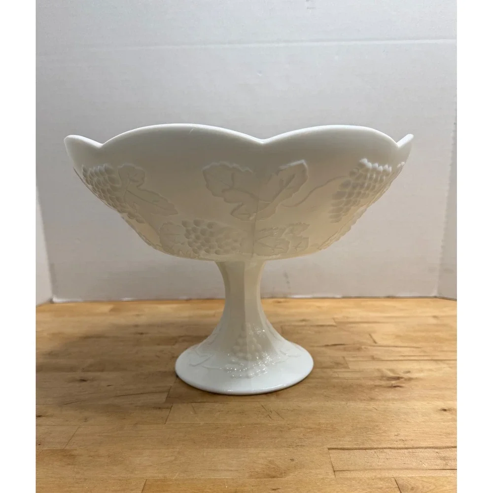 Vintage White Milk Glass Pedestal Compote Bowl Embossed Grapes & Scalloped Rim